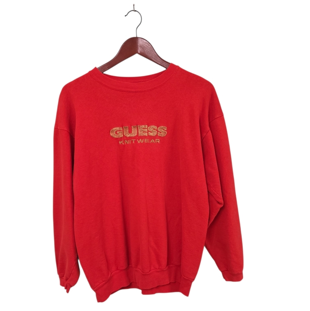 Vintage Guess‎ 80s Knitwear Womens Pullover Sweatshirt Single Stitch Red Gold